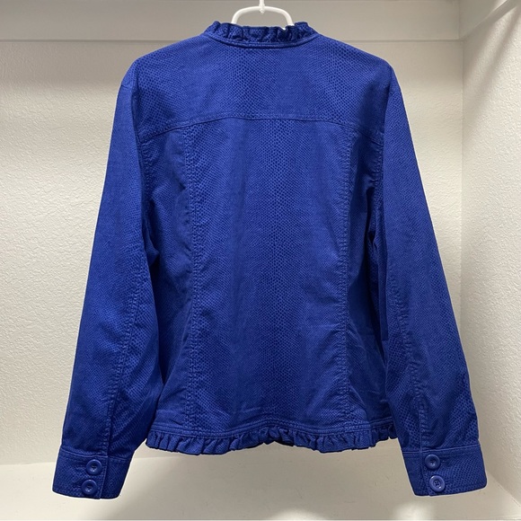 Chico’s Blue Ruffle Reptile Snake Skin Textured Button Up Jacket Sz 4 / XXL - Picture 5 of 9